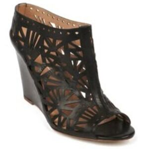 NICOLE MILLER ARTELIER BLACK LEATHER WEDGE LASER CUT OUT CAGE STYLE 7